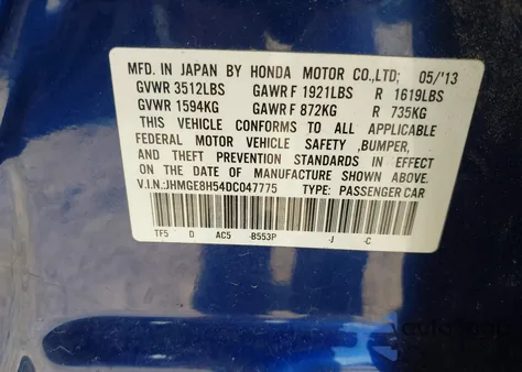 2013 Honda Fit Sport z USA, uszkodzony, nr VIN JHMGE8H54DC047775